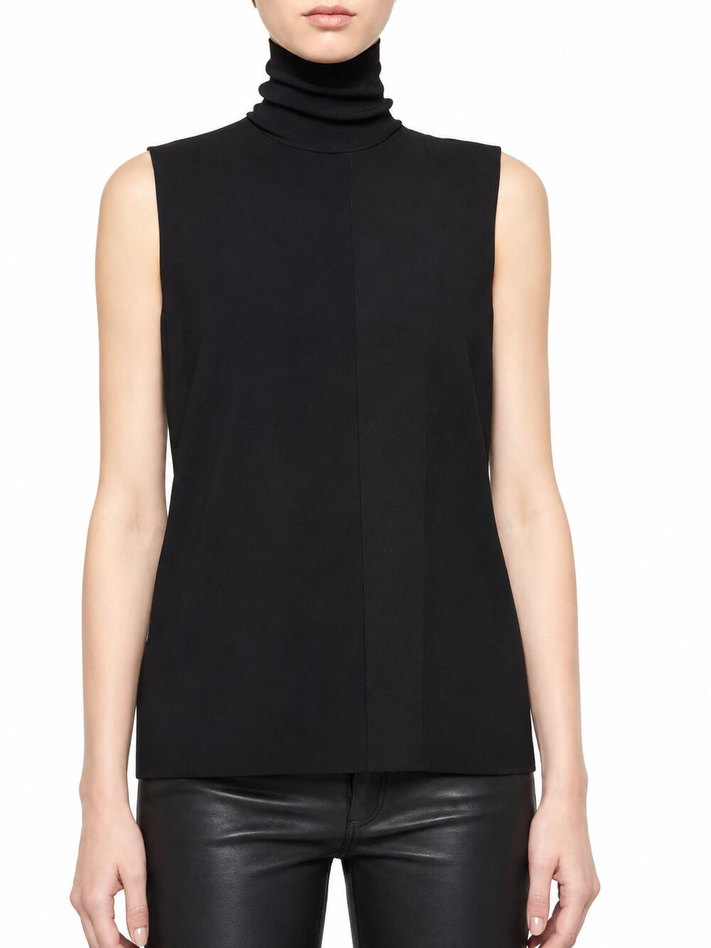 VINCE Turtleneck Sleeveless Blouse Laser Cut Pleated Mock Neck Top Black
